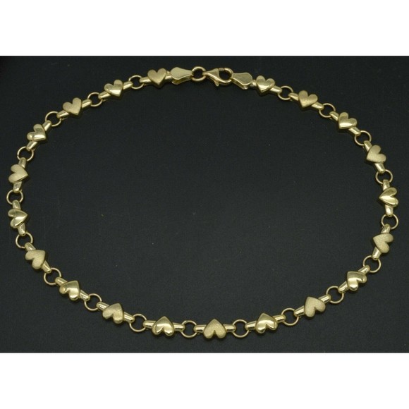 Real 14K Yellow Gold 5.3mm Puffed Heart Link Ankle Bracelet 9-10 - Picture 1 of 6